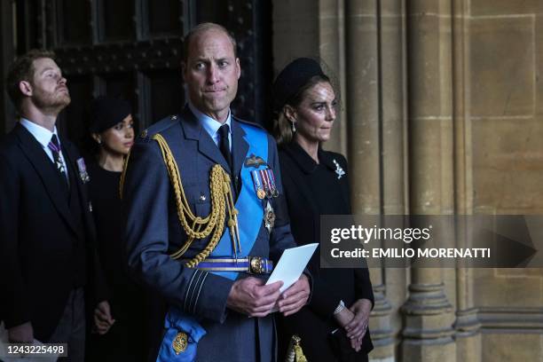 Britain's Catherine , Princess of Wales, Britain's Prince William , Prince of Wales, Britain's Prince Harry , Duke of Sussex, and Meghan , Duchess of...