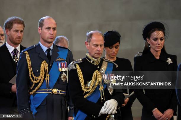 Britain's Prince Harry , Duke of Sussex, Britain's Prince William , Prince of Wales, Britain's Prince Edward , Earl of Wessex, Meghan , Duchess of...