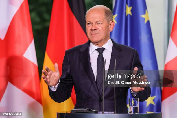 German Chancellor Olaf Scholz and Georgian Prime Minister Irakli Garibashvili attend a joint press conference at the Chancellery on September 14,...
