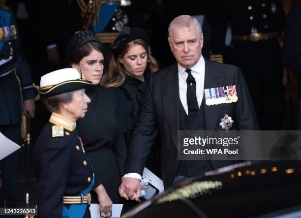 Princess Anne, Princess Royal, Princess Eugenie, Princess Beatrice and Prince Andrew, Duke of York at Westminster Hall on September 14 in London,...