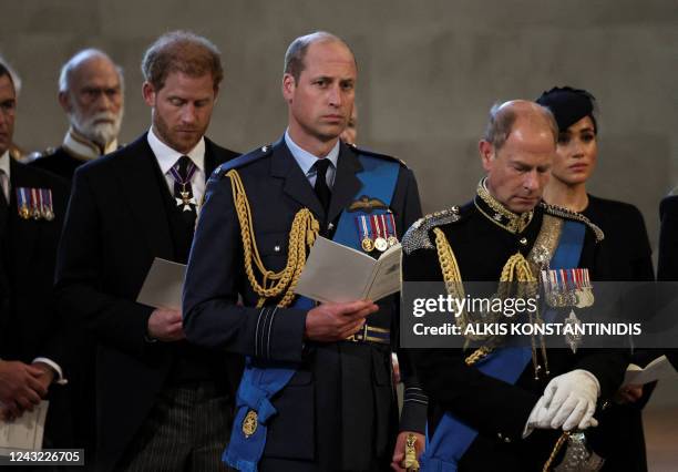 Britain's Prince William, Prince of Wales , Britain's Prince Harry, Duke of Sussex Britain's Prince Edward, Earl of Wessex and Meghan, Duchess of...