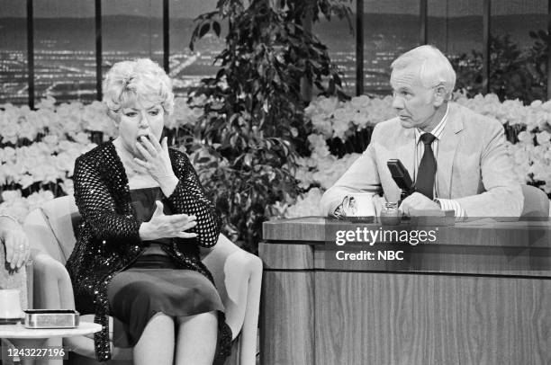 Pictured: Musical guest Dorothy Loudon during an interview with host Johnny Carson on March 29, 1985 --