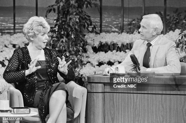 Pictured: Musical guest Dorothy Loudon during an interview with host Johnny Carson on March 29, 1985 --