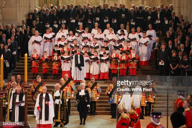 The choir performs during a service for the reception of Queen Elizabeth II's coffin at Westminster Hall on September 14, 2022 in London, United...