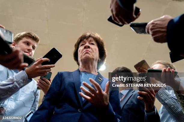 Senator Susan Collins speaks to reporters in the Senate Subway at the US Capitol in Washington, DC, on September 14, 2022.