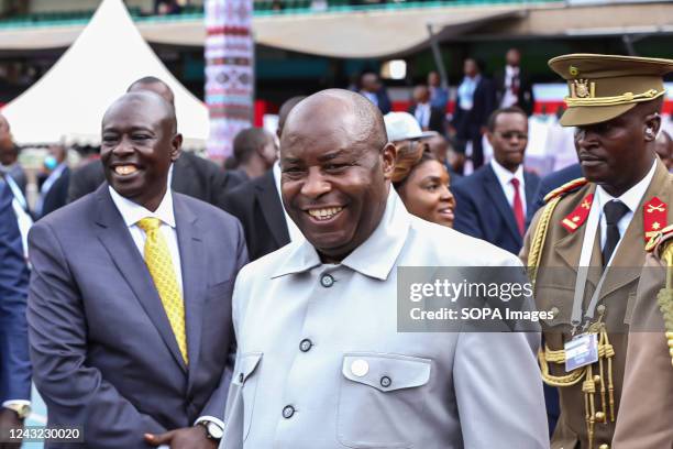 The President of Burundi Évariste Ndayishimiye , one of the guests during the inauguration of the new Kenyan president, addresses Kenyans at the Moi...