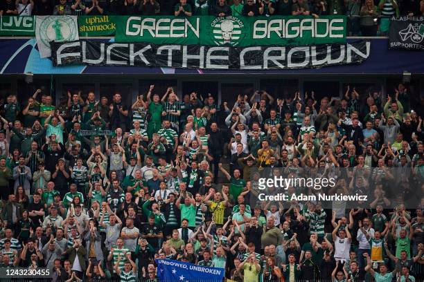 Fans of Celtic display a flag against the crown during the UEFA Champions League group F match between Shakhtar Donetsk and Celtic FC at The Marshall...