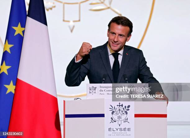 France's President Emmanuel Macron delivers a speech as he meets the participants of the 3rd France Design Week at the presidential Elysee Palace in...