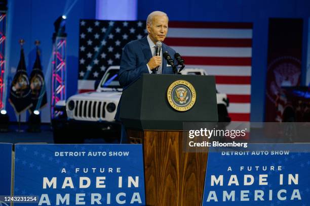 President Joe Biden speaks during the 2022 North American International Auto Show in Detroit, Michigan, US, on Wednesday, Sept. 14, 2022. Biden...