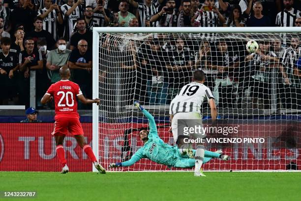 Benfica's Portuguese midfielder Joao Mario shoots and scores a penalty kick against Juventus' Italian goalkeeper Mattia Perin to equalize during the...