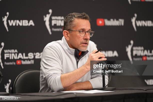 Curt Miller head coach of the Connecticut Sun talks to the media after the game against the Las Vegas Aces during Game 2 of the 2022 WNBA Finals on...