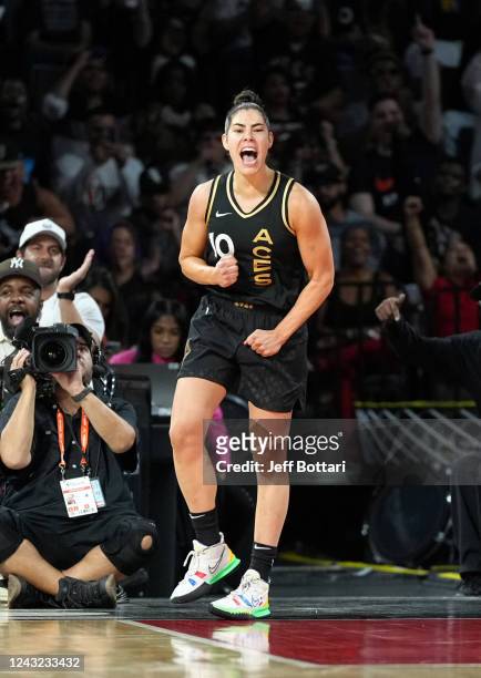 Kelsey Plum of the Las Vegas Aces celebrates during the game against the Connecticut Sun during Game 2 of the 2022 WNBA Finals on September 13, 2022...