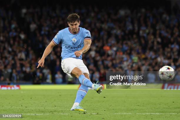 John Stones of Manchester City scores their 1st goal during the UEFA Champions League group G match between Manchester City and Borussia Dortmund at...