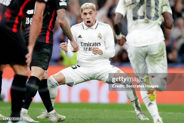 Fede Valverde of Real Madrid celebrates 1-0 during the UEFA Champions League match between Real Madrid v RB Leipzig at the Estadio Santiago Bernabeu...