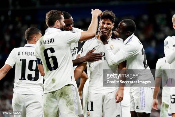 Marco Asensio of Real Madrid celebrates 2-0 with teammates Nacho Fernandez of Real Madrid, Antonio Rudiger of Real Madrid, Ferland Mendy of Real...