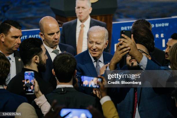 President Joe Biden, center, during the 2022 North American International Auto Show in Detroit, Michigan, US, on Wednesday, Sept. 14, 2022. Biden...