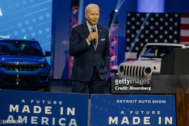 President Joe Biden speaks during the 2022 North American International Auto Show in Detroit, Michigan, US, on Wednesday, Sept. 14, 2022. Biden...