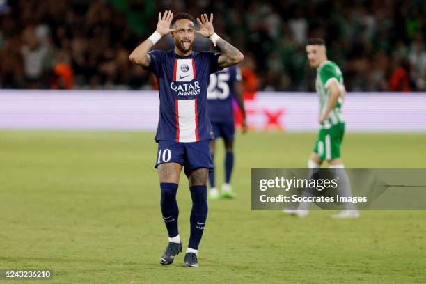 Neymar Jr of Paris Saint Germain celebrates 1-3 during the UEFA Champions League match between Maccabi Haifa v Paris Saint Germain at the Sammy...