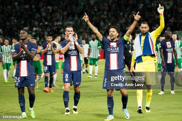 Nuno Mendes, Fabian Ruiz, Marquinhos, and Gianluigi Donnarumma of Paris Saint Germain celebrate after winning the UEFA Champions League group H match...
