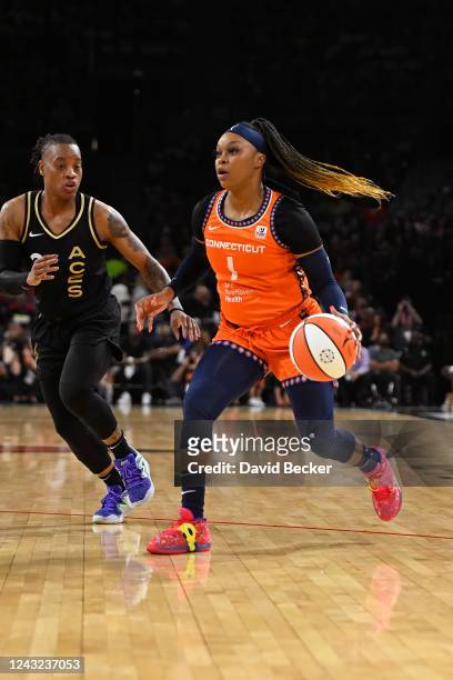 Odyssey Sims of the Connecticut Sun drives to the basket during the game against the Las Vegas Aces during Game 2 of the 2022 WNBA Finals on...