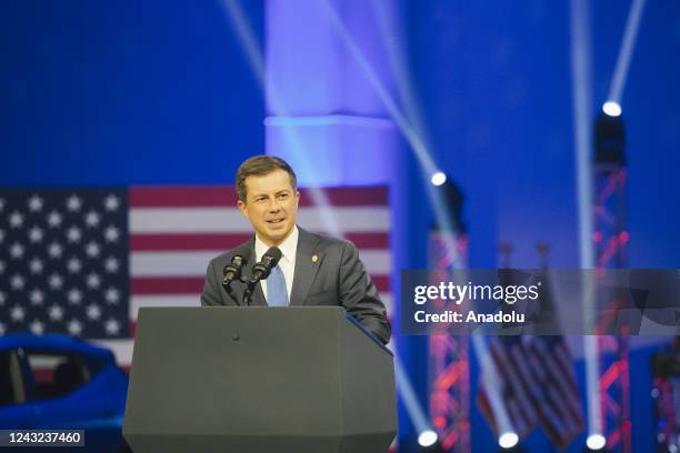 Secretary of Transportation, Pete Buttigieg speaks at the Detroit Auto show, in Detroit, MI, United States on September 14, 2022.