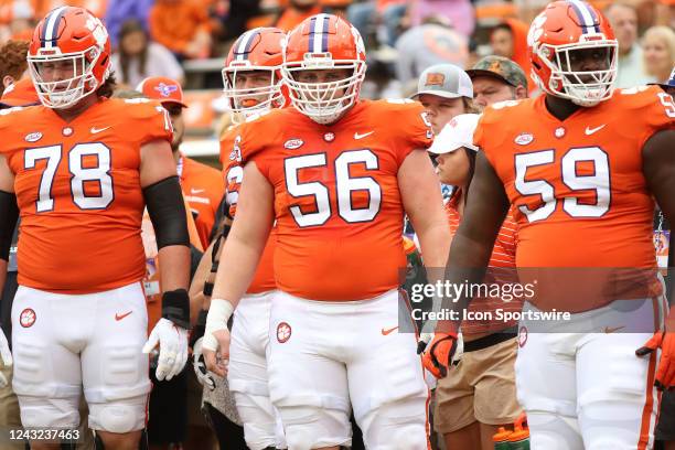 Clemson Tigers offensive lineman Blake Miller ,offensive lineman Will Putnam and offensive lineman Dietrick Pennington during a college football game...