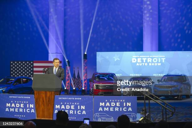 Secretary of Transportation, Pete Buttigieg speaks at the Detroit Auto show, in Detroit, MI, United States on September 14, 2022.