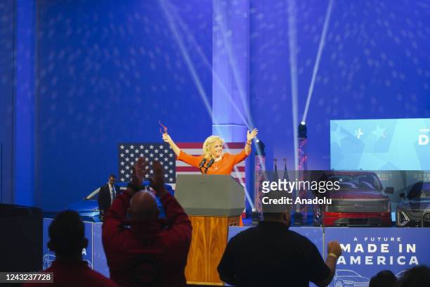 Congress representative for Michigan, Debbie Dingell speaks at the Detroit Auto show, in Detroit, MI, United States on September 14, 2022.