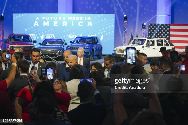 President Joe Biden greets the crowd at the Detroit Auto show, in Detroit, MI, United States on September 14, 2022.