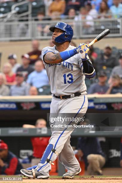 Kansas City Royals catcher Salvador Perez makes contact during a MLB game between the Minnesota Twins and Kansas City Royals on September 13, 2022 at...