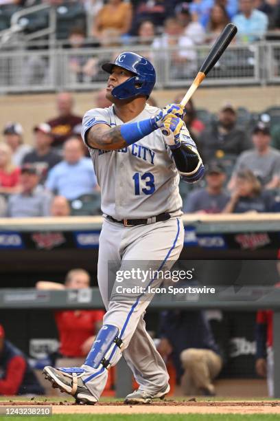 Kansas City Royals catcher Salvador Perez makes contact during a MLB game between the Minnesota Twins and Kansas City Royals on September 13, 2022 at...