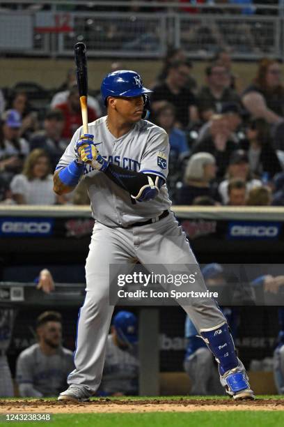 Kansas City Royals catcher Salvador Perez at the plate during a MLB game between the Minnesota Twins and Kansas City Royals on September 13, 2022 at...