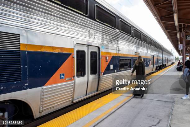 Woman walks on the train platform at the Diridon Amtrak Station in San Jose, California, United States on September 14, 2022. Starting Thursday, all...