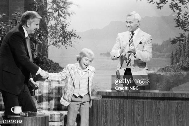 Pictured: Announcer Ed McMahon and child actor Ricky Schroder during an interview with host Johnny Carson on May 9, 1979 --