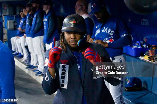 Vladimir Guerrero Jr. #27 of the Toronto Blue Jays celebrates his 100th career home run, in the first inning of the MLB game against the Tampa Bay...