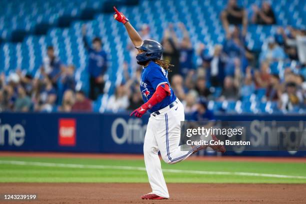 Vladimir Guerrero Jr. #27 of the Toronto Blue Jays runs out a solo home run, his 100th career home run, in the first inning of the MLB game against...