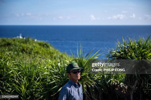 This picture taken on August 18, 2022 shows Shigeru Yonahara, a local activist who supports the Japan Self-Defense Forces base on Yonaguni Island,...