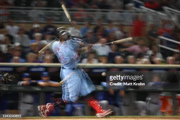 Carlos Correa of the Minnesota Twins hits a double against the Kansas City Royals in the seventh inning of the game at Target Field on September 14,...