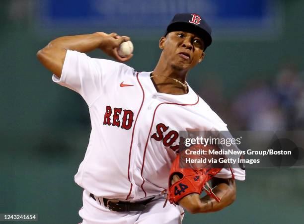 September 14: Brayan Bello of the Boston Red Sox pitches during the first inning of the MLB game against the New York Yankees at Fenway Park on...