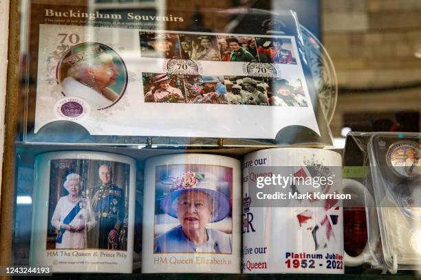 Souvenirs of Queen Elizabeth II are displayed in a shop window on 14th September 2022 in Windsor, United Kingdom. Queen Elizabeth II, the UK's...