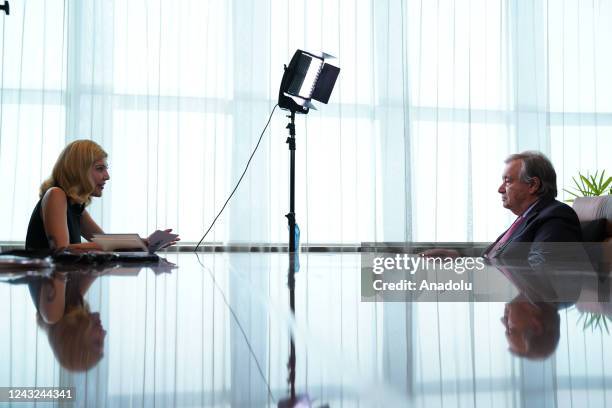 United Nations Secretary-General Antonio Guterres speaks during an exclusive interview with Anadolu Agency ahead of UN's 77th session of the General...