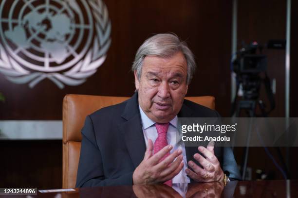 United Nations Secretary-General Antonio Guterres speaks during an exclusive interview with Anadolu Agency ahead of UN's 77th session of the General...