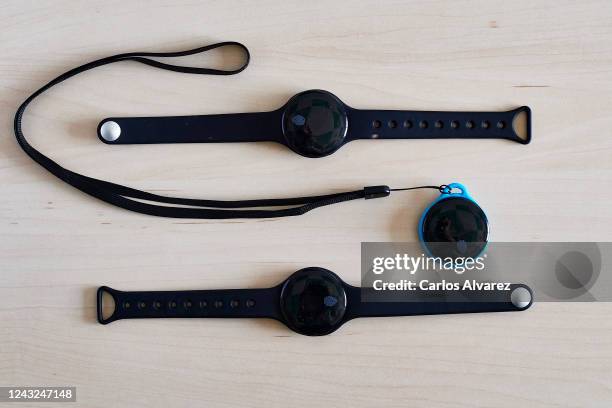 In this photo illustration, Wardoo, a bracelet to preserve social distancing is seen at Wardoo headquarters on June 03, 2020 in Arroyomolinos, Spain....