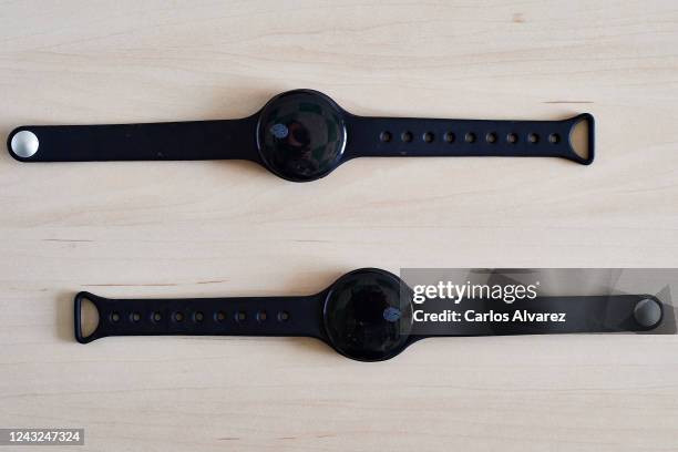 In this photo illustration, Wardoo, a bracelet to preserve social distancing is seen at Wardoo headquarters on June 03, 2020 in Arroyomolinos, Spain....