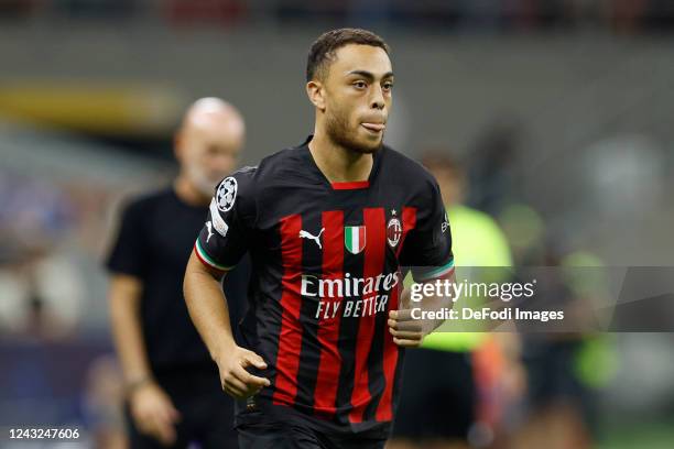 Sergino Dest of AC Milan looks on during the UEFA Champions League group E match between AC Milan and Dinamo Zagreb at Giuseppe Meazza Stadium on...