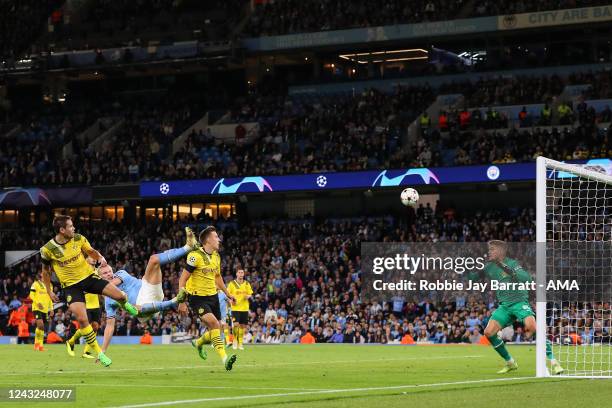 Erling Haaland of Manchester City scores a goal to make it 2-1 during the UEFA Champions League group G match between Manchester City and Borussia...