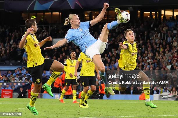 Erling Haaland of Manchester City scores a goal to make it 2-1 during the UEFA Champions League group G match between Manchester City and Borussia...