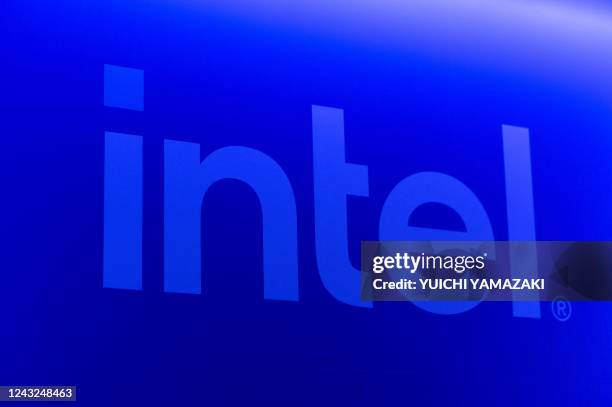 The Intel logo is pictured at the company's booth during the Tokyo Game Show in Chiba prefecture on September 15, 2022.