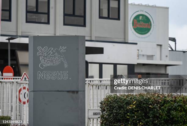 This photograph taken on September 15 shows a view of the entrance of the factory of the Buitoni group, with the logos of Nestle and Buitoni, in...