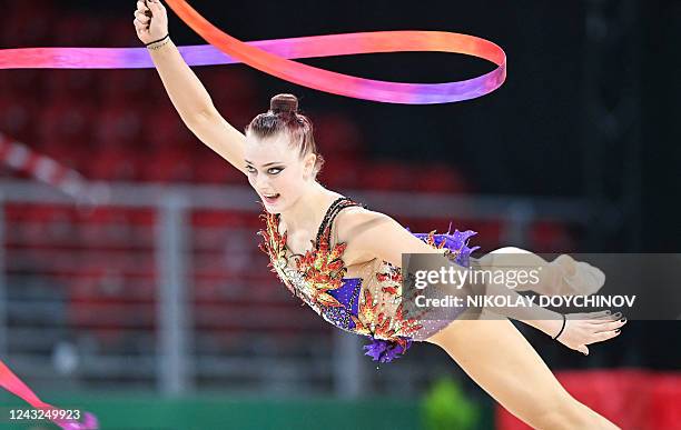 Germany's Margarita Kolosov competes in the individual ribbon qualification round during the 39th FIG Rhythmic Gymnastics World Championships at the...